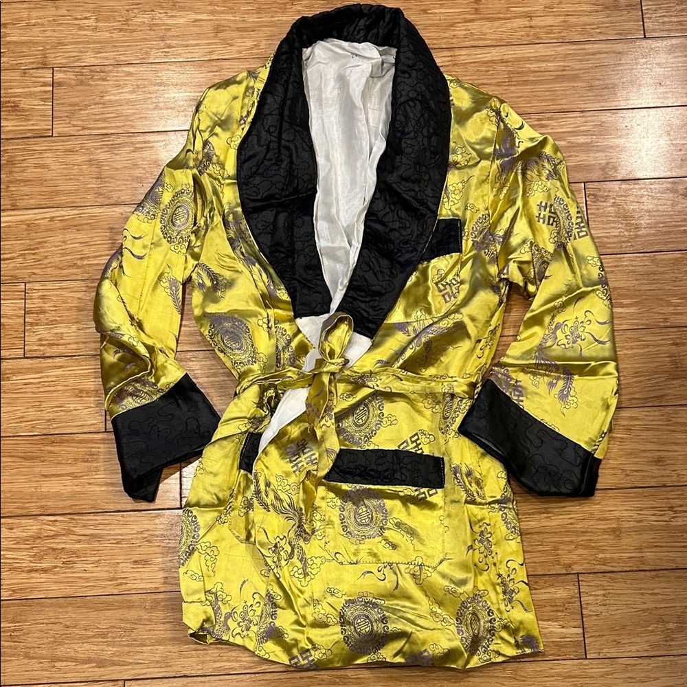 Vintage Boho Festival Asian Silk Robe Smoking Jacket Yellow/Black Women's Jacket